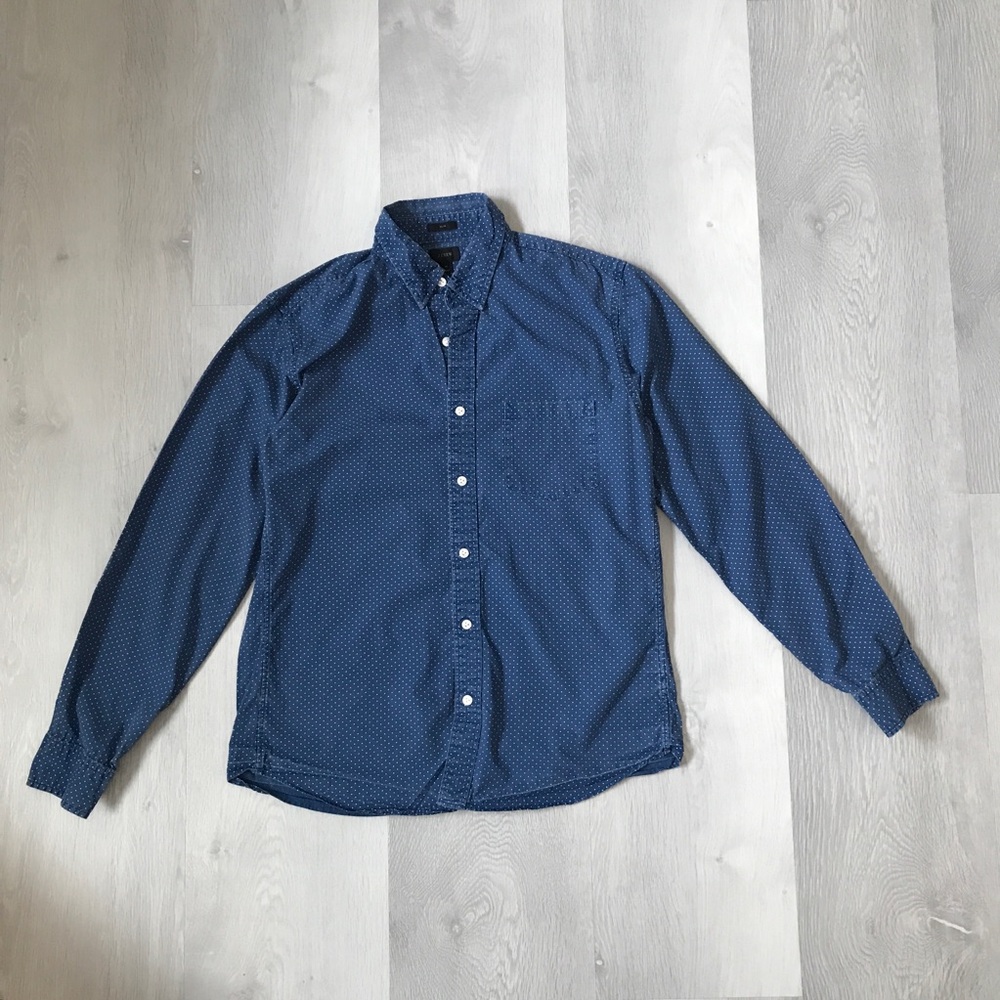 J CREW BLUE TWILL POLKA DOT SHIRT BUTTON FRONT LONG SLEEVE MEDIUM